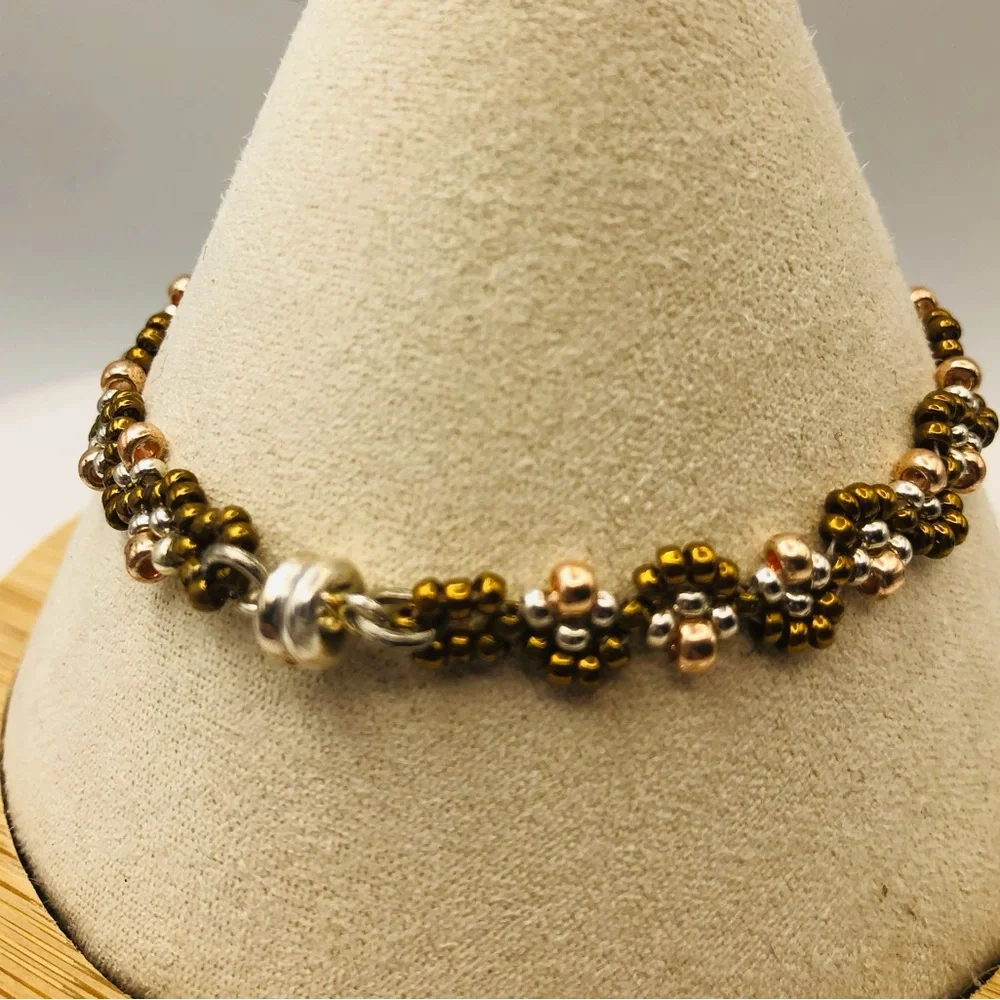 Silver Brown Beaded Bracelet Copper Accents Fashion minimalist NEW - Picture 3 of 5